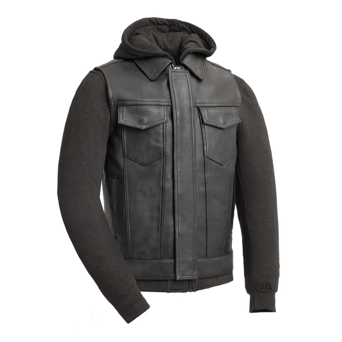 Kent Men's Motorcycle Leather Vest and Hoodie Garage Sale First Manufacturing Company Black S
